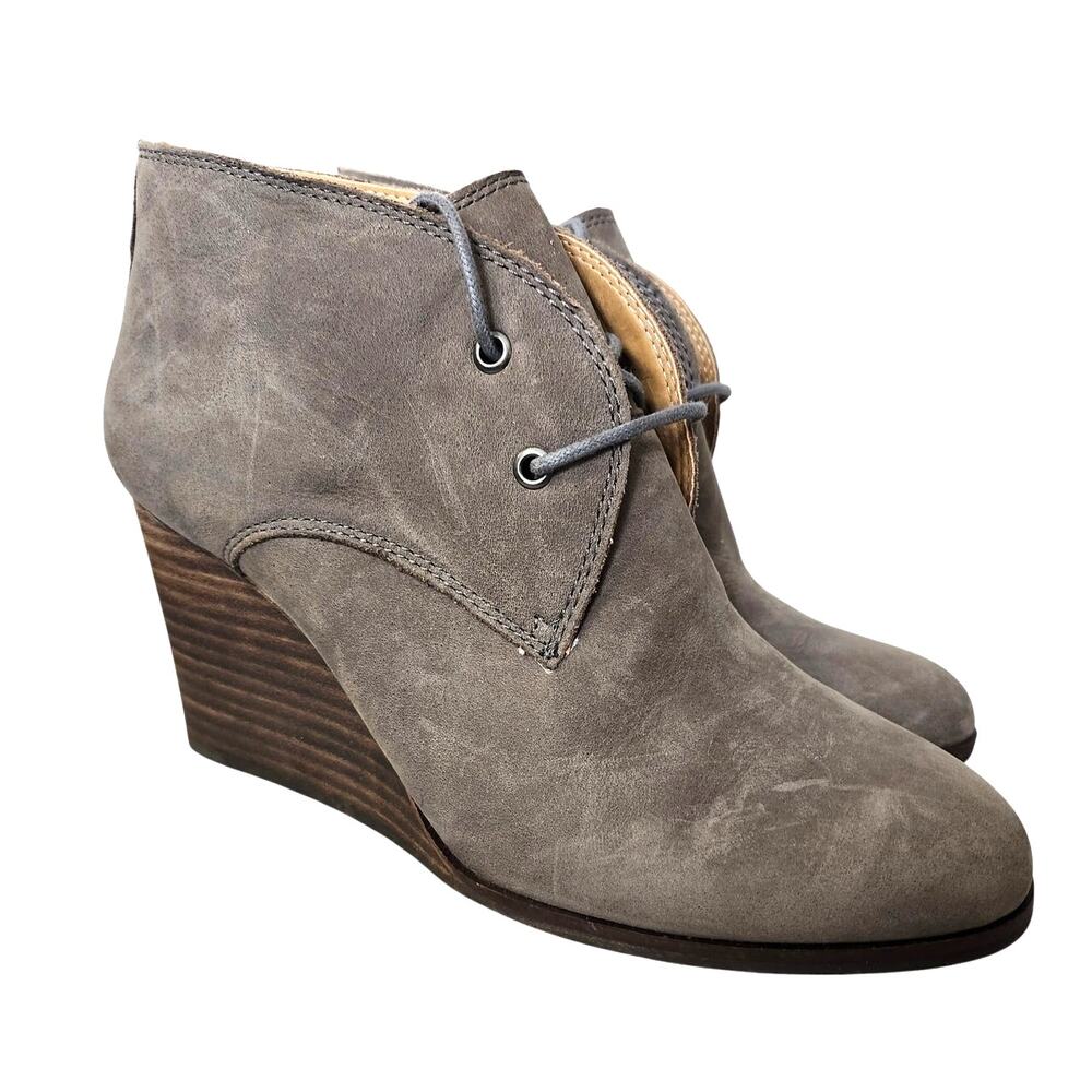 Lucky Brand Sz 8 Leather Wedge Booties Tie Gray Short Boots Shoes